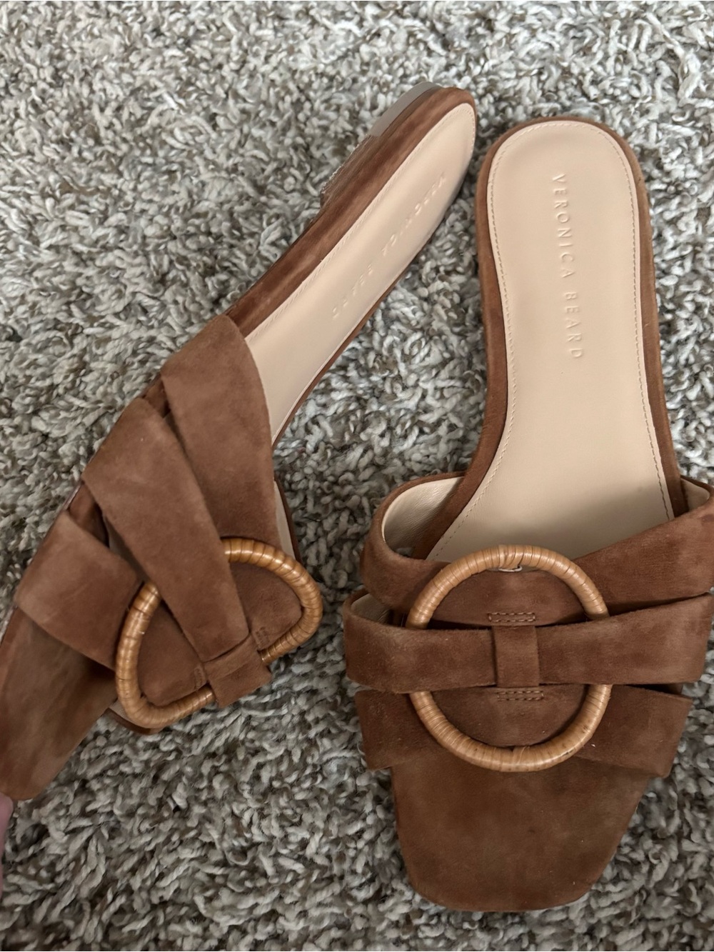 Veronica Beard Tan Suede Slide Mules with Rattan Ring